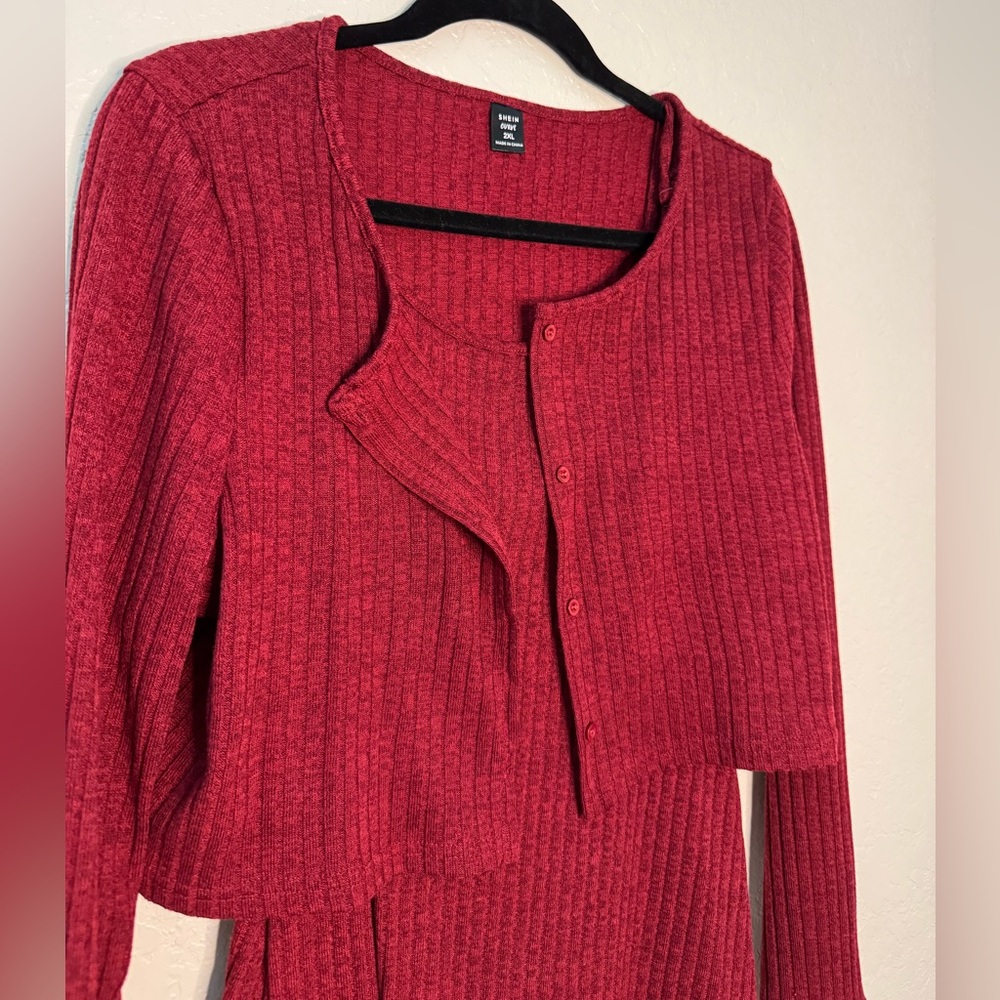 Red Ribbed Knit Two-Piece Mini Dress Set - Picture 3 of 5